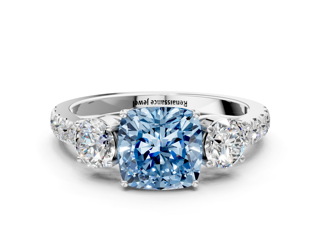White gold Fancy Blue Cushion  Cut Three-Stone Diamond Pave Band with Prong Setting_37