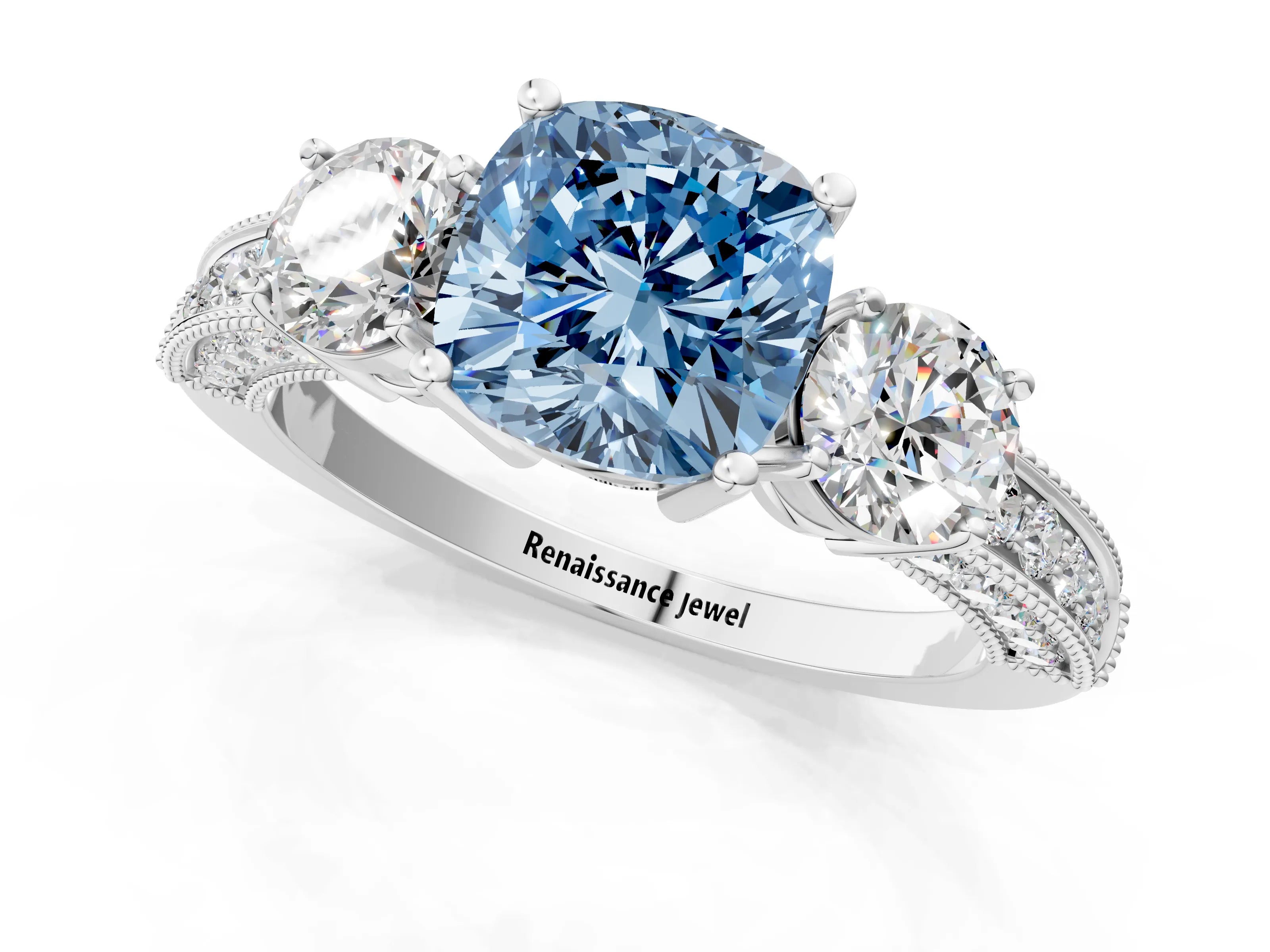 White gold Fancy Blue Cushion Cut Three-Stone Diamond Ring with Pavé Band and Four-Prong Setting_1
