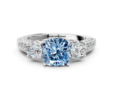 White gold Fancy Blue Cushion Cut Three-Stone Diamond Ring with Pavé Band and Four-Prong Setting_24