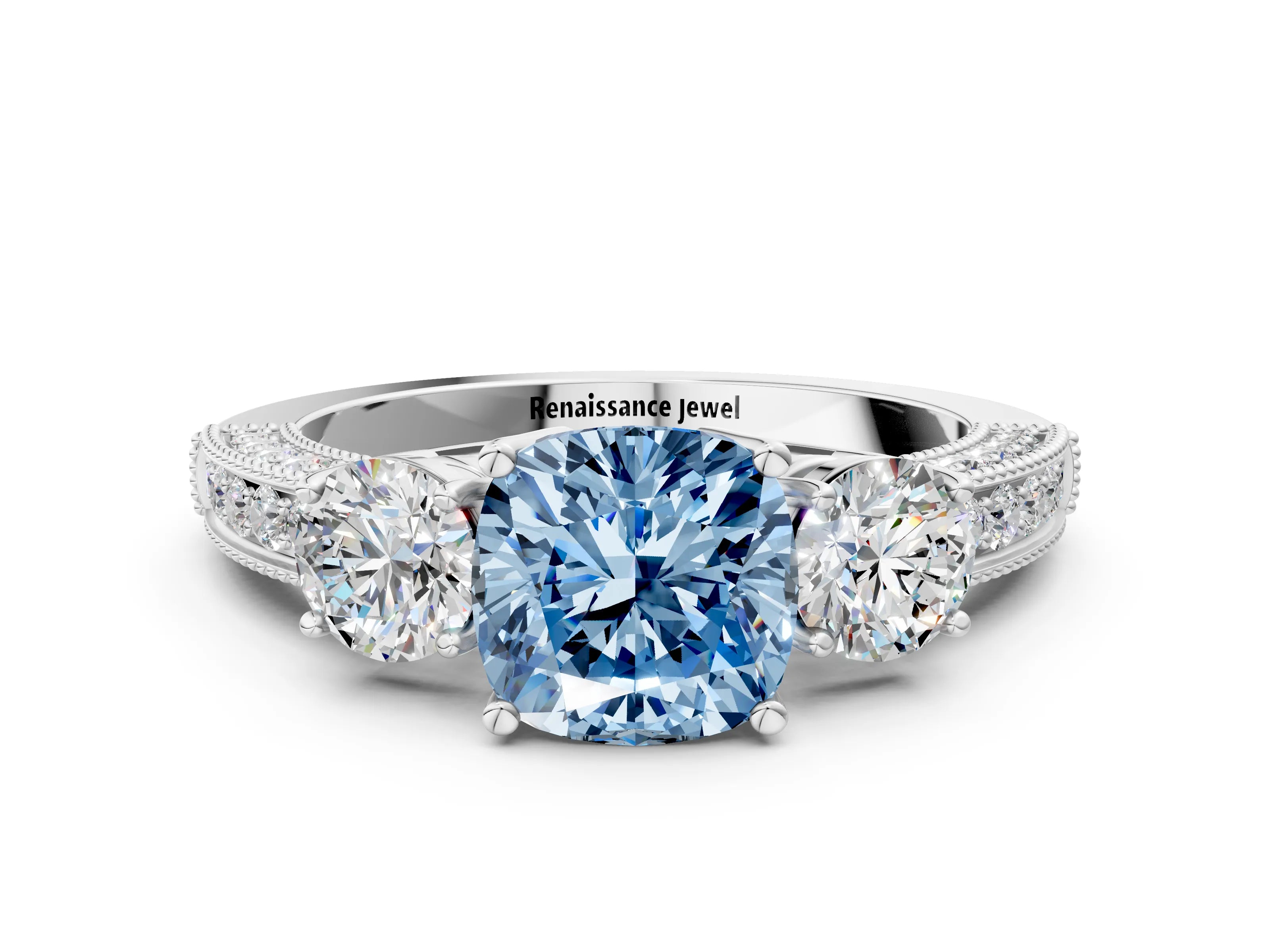 White gold Fancy Blue Cushion Cut Three-Stone Diamond Ring with Pavé Band and Four-Prong Setting_24
