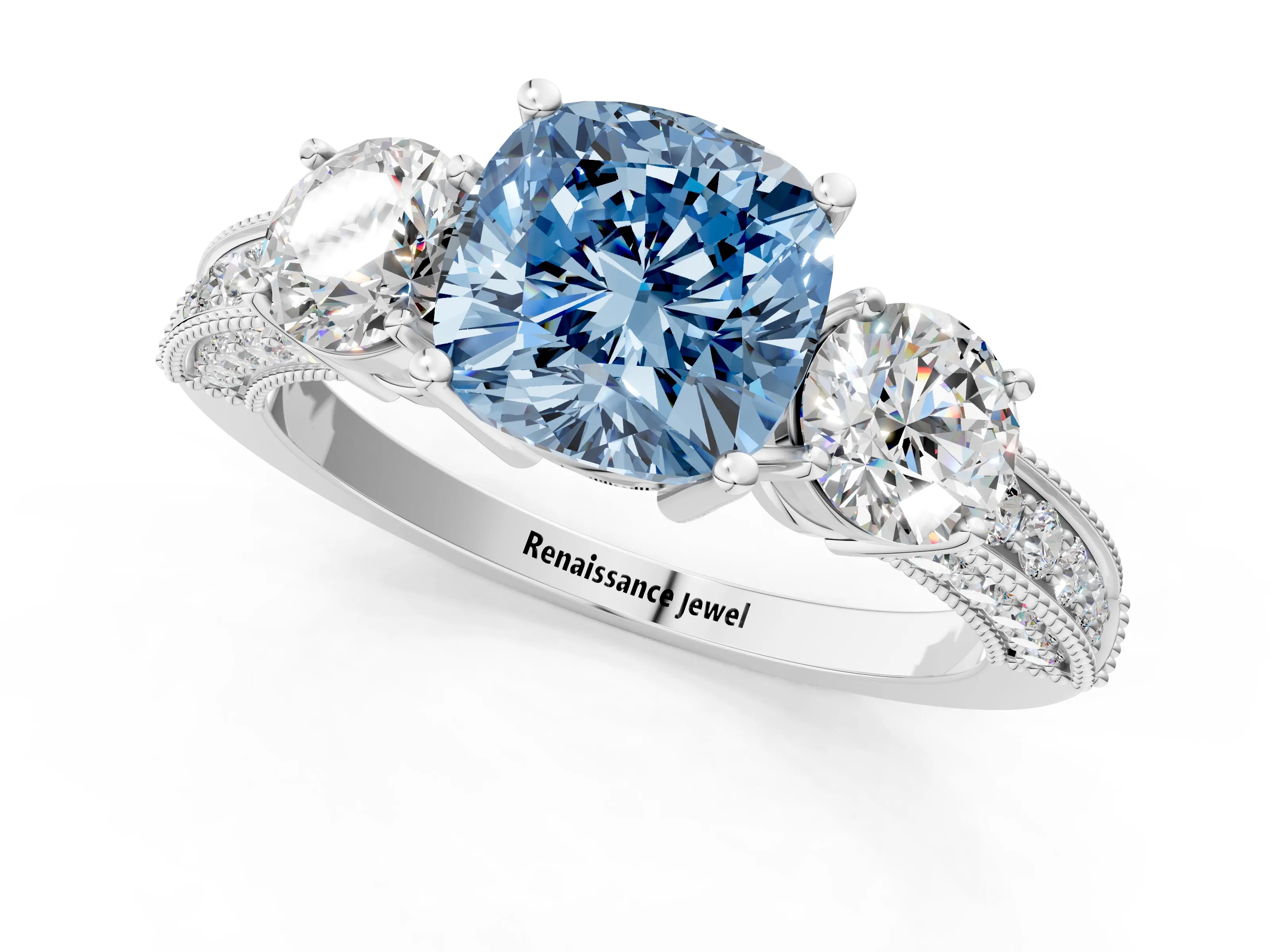 White gold Fancy Blue Cushion Cut Three-Stone Diamond Ring with Pavé Band and Four-Prong Setting_25