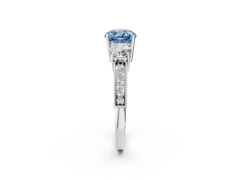 White gold Fancy Blue Cushion Cut Three-Stone Diamond Ring with Pavé Band and Four-Prong Setting_26