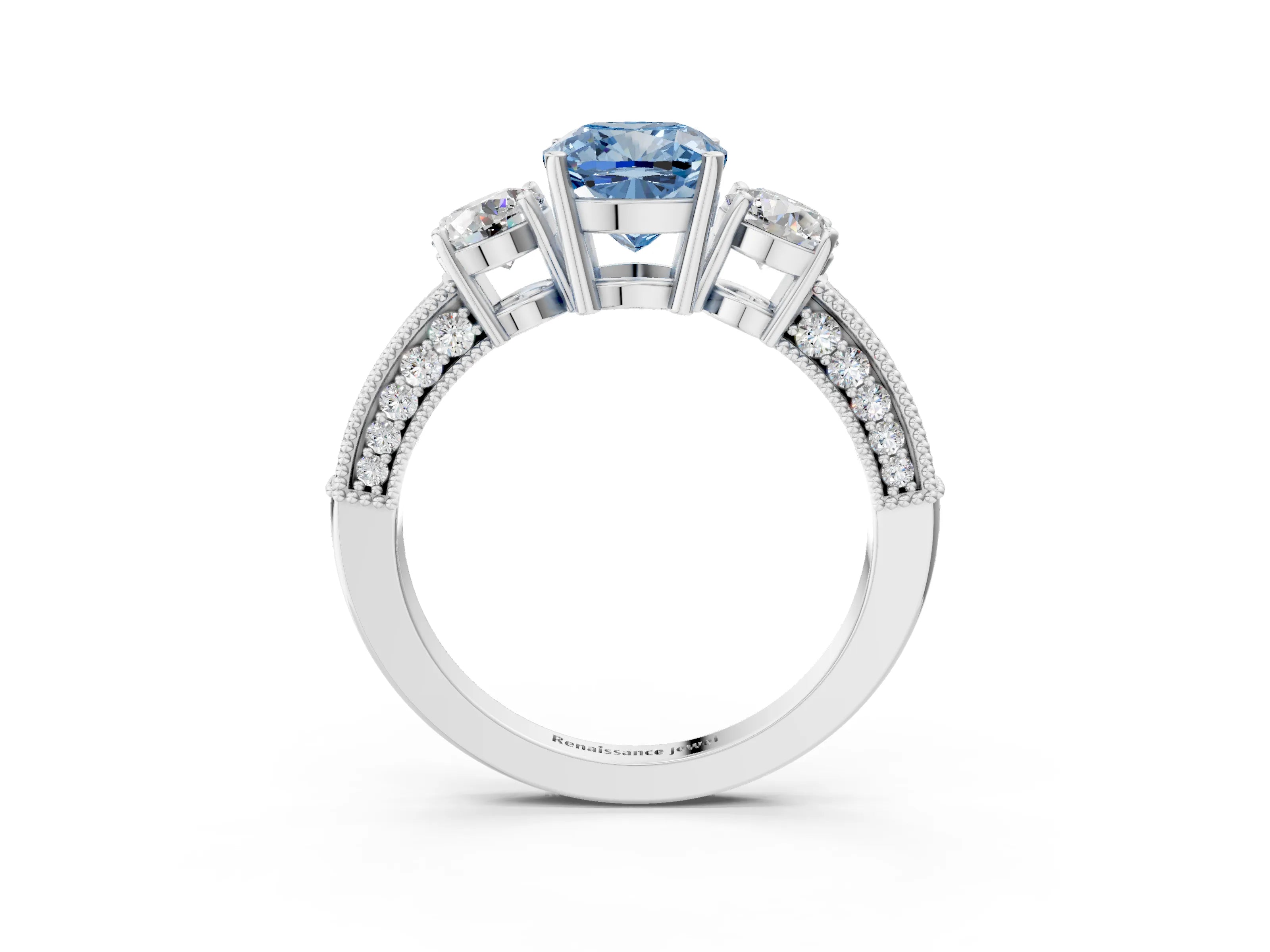 White gold Fancy Blue Cushion Cut Three-Stone Diamond Ring with Pavé Band and Four-Prong Setting_27