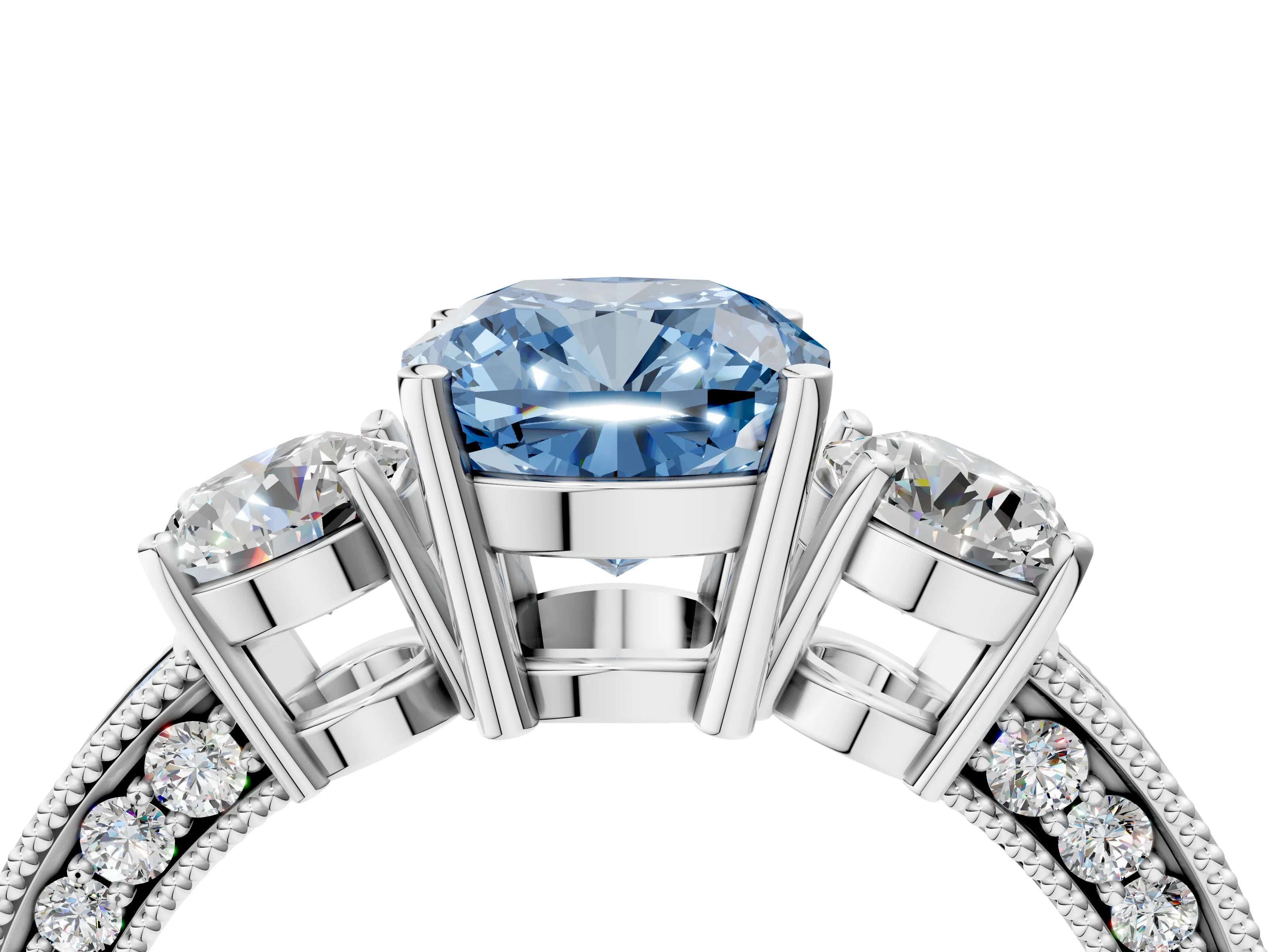 White gold Fancy Blue Cushion Cut Three-Stone Diamond Ring with Pavé Band and Four-Prong Setting_28