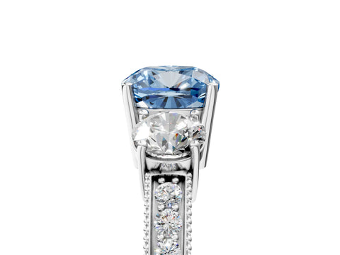 White gold Fancy Blue Cushion Cut Three-Stone Diamond Ring with Pavé Band and Four-Prong Setting_29