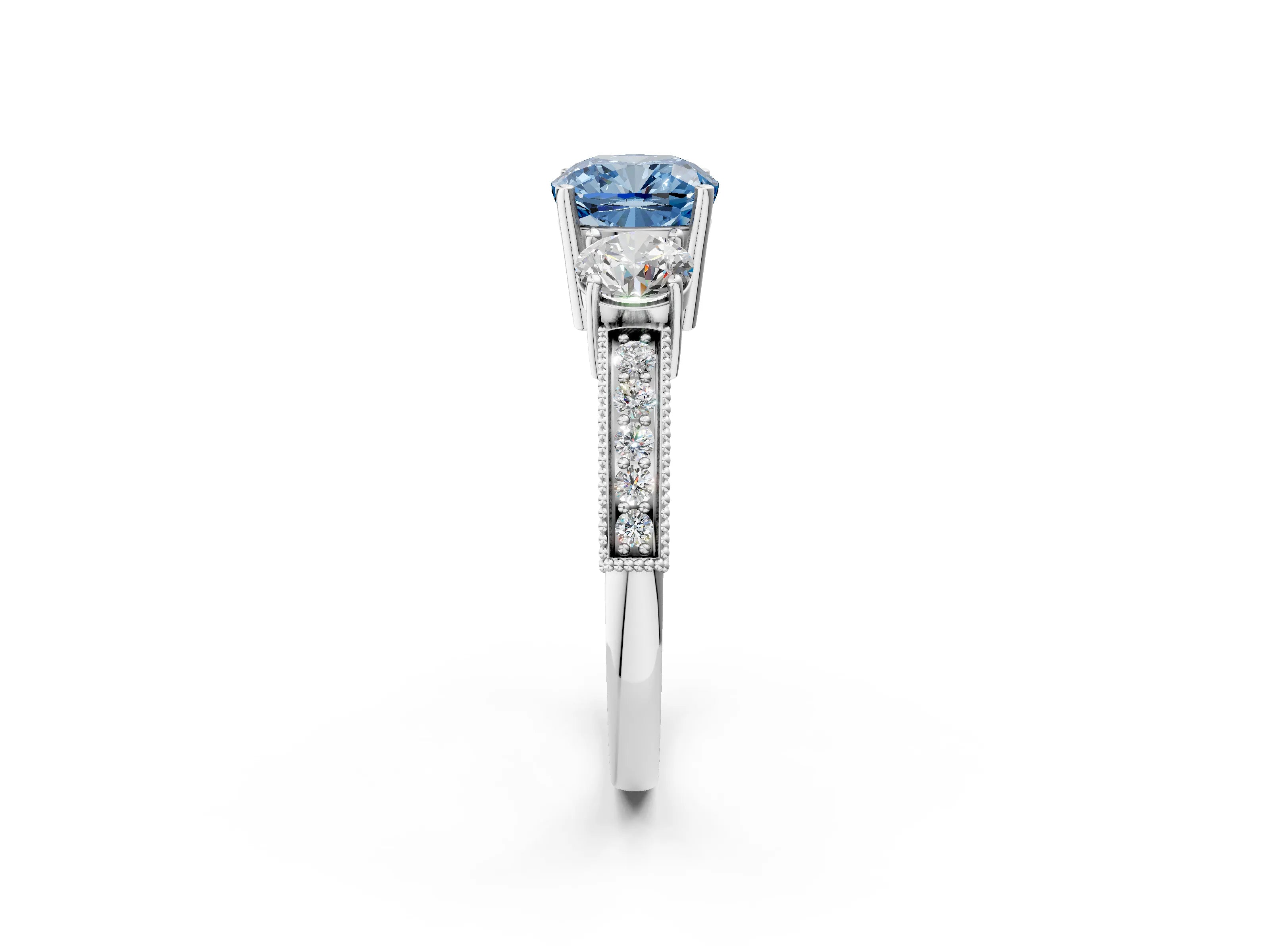 White gold Fancy Blue Cushion Cut Three-Stone Diamond Ring with Pavé Band and Four-Prong Setting_2