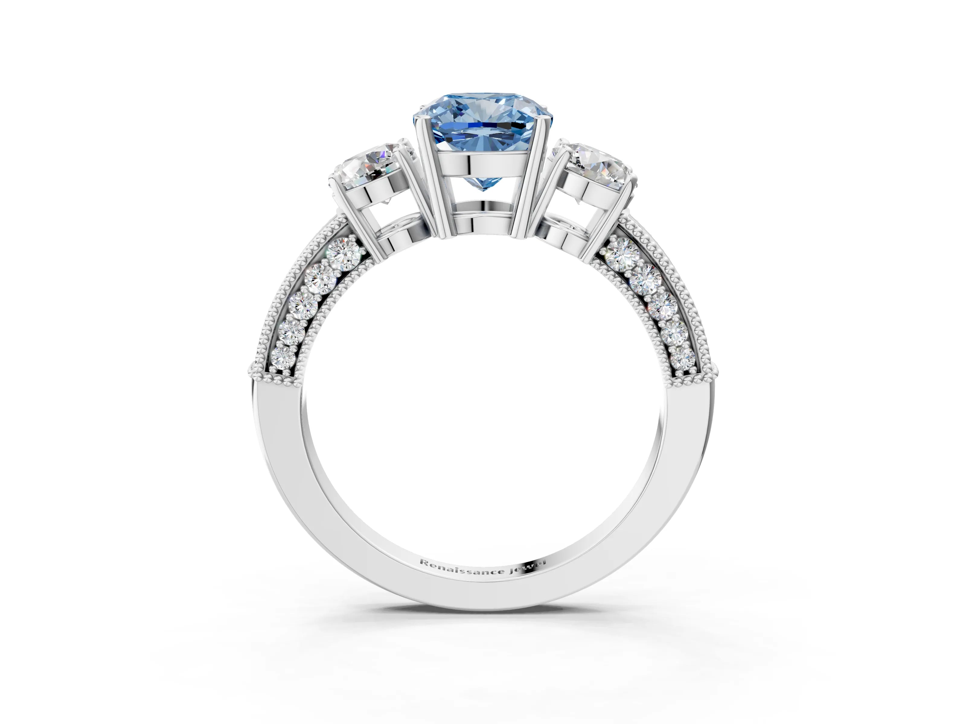 White gold Fancy Blue Cushion Cut Three-Stone Diamond Ring with Pavé Band and Four-Prong Setting_3