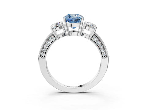 White gold Fancy Blue Cushion Cut Three-Stone Diamond Ring with Pavé Band and Four-Prong Setting_3