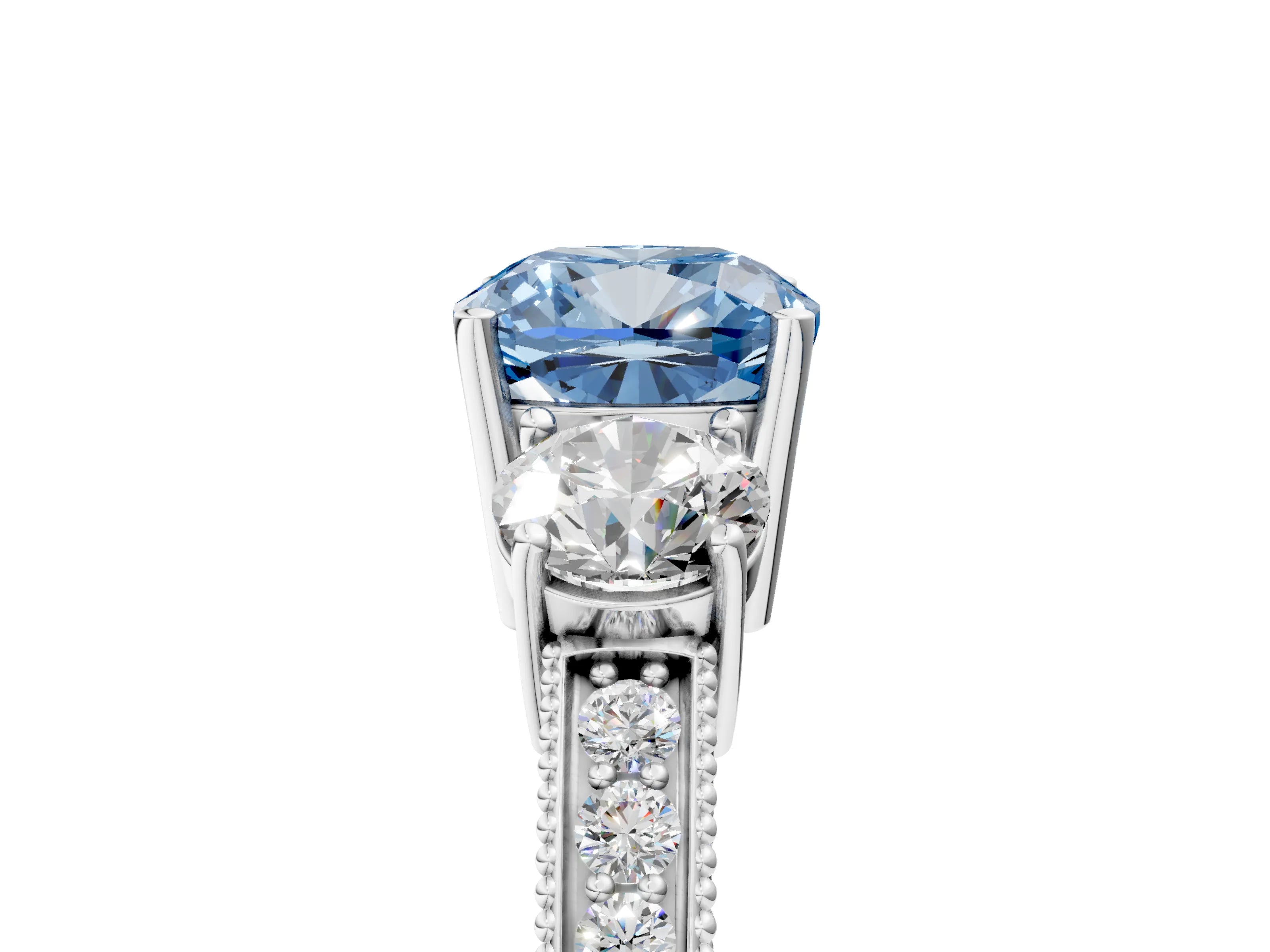 White gold Fancy Blue Cushion Cut Three-Stone Diamond Ring with Pavé Band and Four-Prong Setting_5