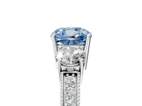 White gold Fancy Blue Cushion Cut Three-Stone Diamond Ring with Pavé Band and Four-Prong Setting_5
