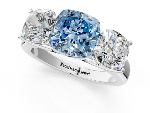 White gold Fancy Blue Cushion Cut Three-Stone Diamond Ring with Prong Setting on a Classic Band_1