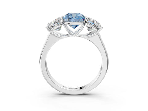 White gold Fancy Blue Cushion Cut Three-Stone Diamond Ring with Prong Setting on a Classic Band_3