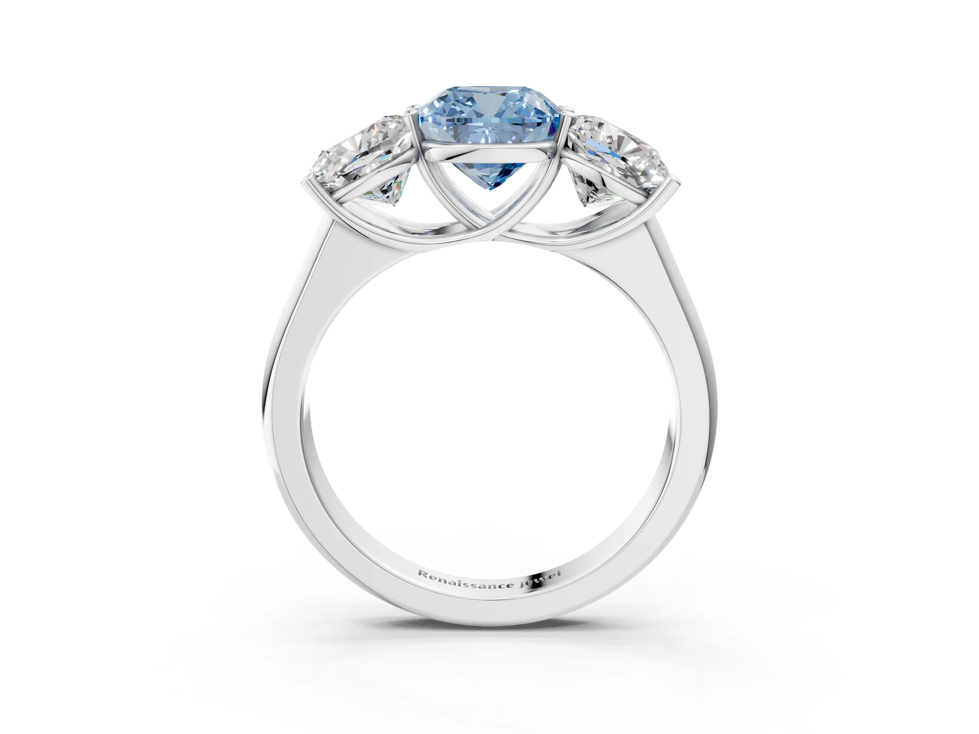 White gold Fancy Blue Cushion Cut Three-Stone Diamond Ring with Prong Setting on a Classic Band_3
