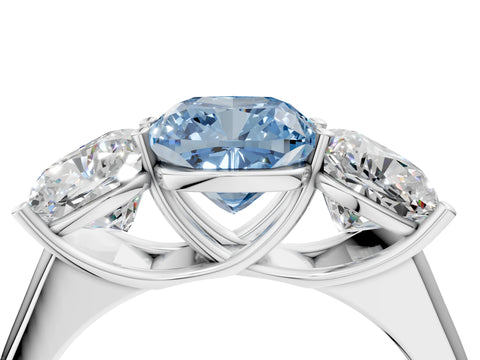 White gold Fancy Blue Cushion Cut Three-Stone Diamond Ring with Prong Setting on a Classic Band_4