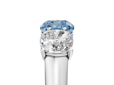 White gold Fancy Blue Cushion Cut Three-Stone Diamond Ring with Prong Setting on a Classic Band_5