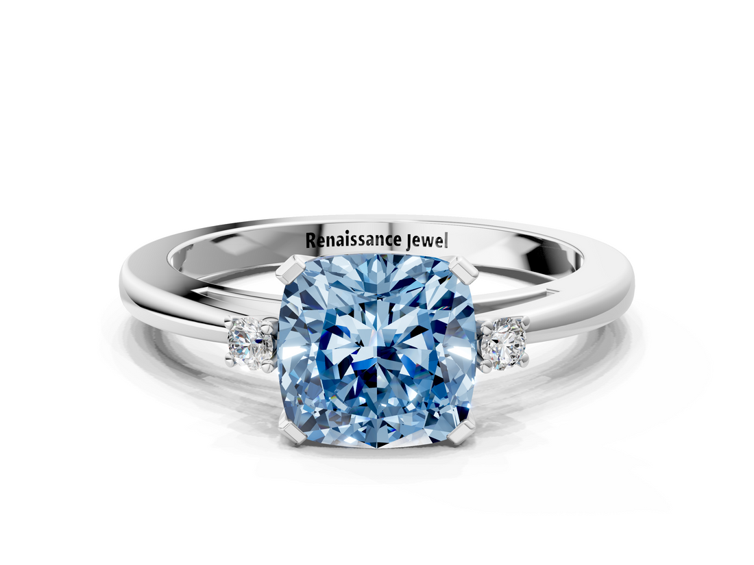 White gold Fancy Blue Cushion  Cut Three-Stone Solitaire Ring with Round Accent Diamonds and Four-Prong Setting_20