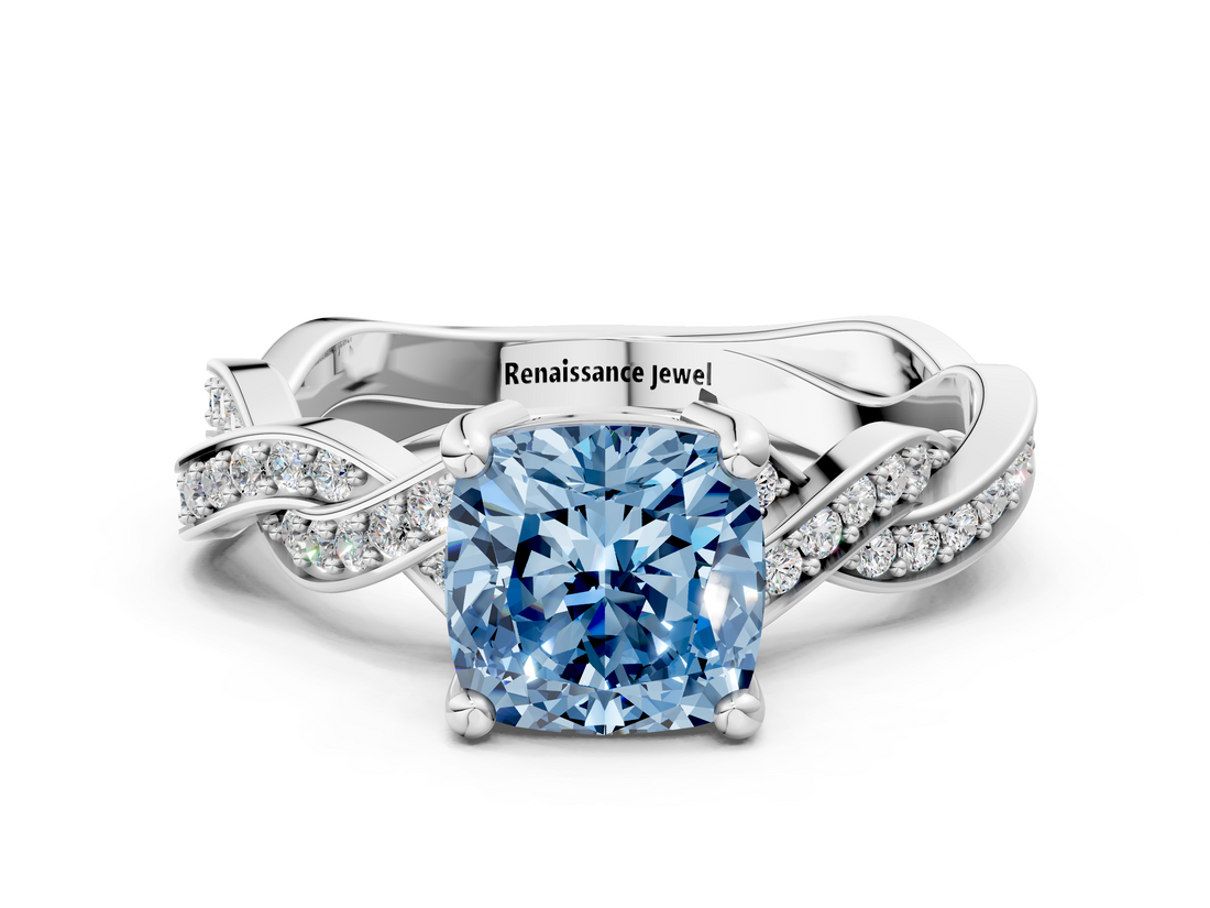 White gold Fancy Blue Cushion  Cut Twisted Pavé Band Solitaire Ring with Four-Prong Setting_54