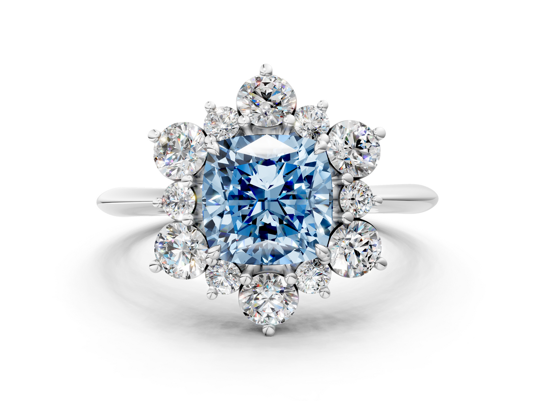 White gold Fancy Blue Cushion  Diamond Cluster Halo Ring with Solitaire Band and Four-Prong Setting_20
