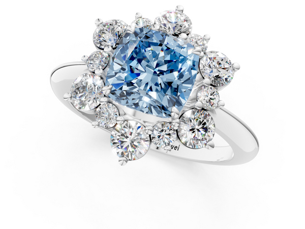 White gold Fancy Blue Cushion  Diamond Cluster Halo Ring with Solitaire Band and Four-Prong Setting