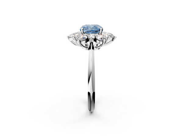 White gold Fancy Blue Cushion  Diamond Cluster Halo Ring with Solitaire Band and Four-Prong Setting
