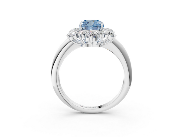 White gold Fancy Blue Cushion  Diamond Cluster Halo Ring with Solitaire Band and Four-Prong Setting