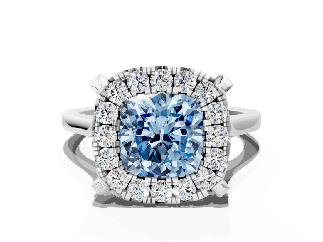 White gold Fancy Blue Cushion  Diamond Cluster Halo Solitaire with Four-Prong Setting_100
