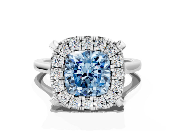 White gold Fancy Blue Cushion  Diamond Cluster Halo Solitaire with Four-Prong Setting