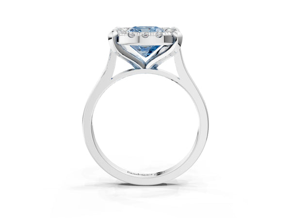 White gold Fancy Blue Cushion  Diamond Cluster Halo Solitaire with Four-Prong Setting