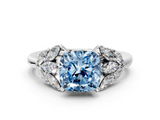 White gold Fancy Blue Cushion  Diamond Cluster Leaf Design Ring with Prong Setting_69