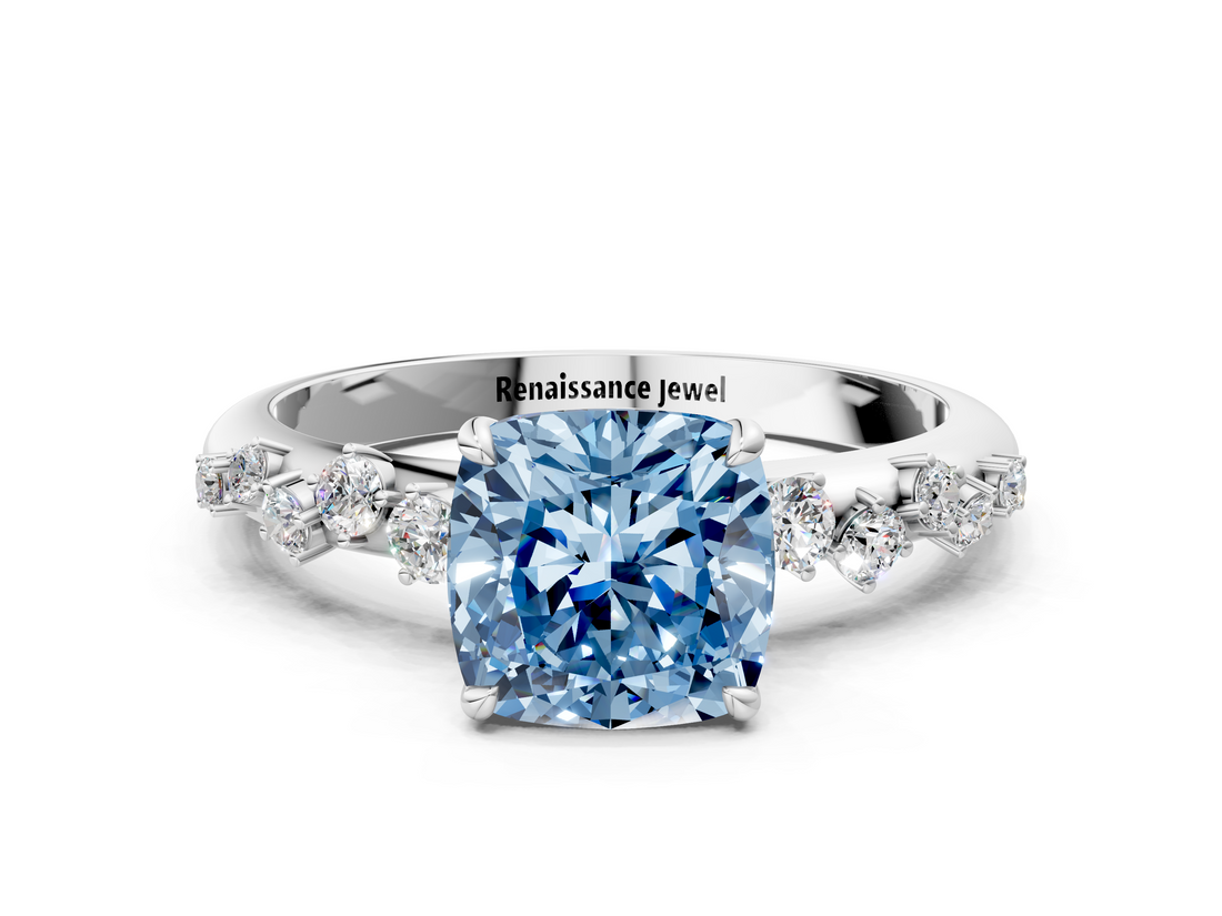 White gold Fancy Blue Cushion  Diamond Cluster Prong-Set Solitaire Ring_20
