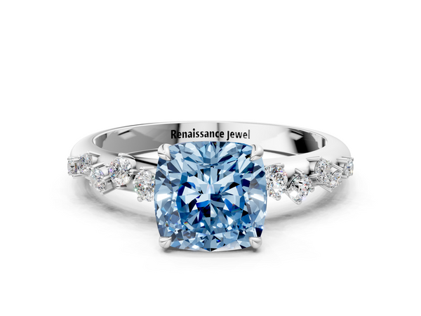Platinum Fancy Blue Cushion  Diamond Cluster Prong-Set Solitaire Ring