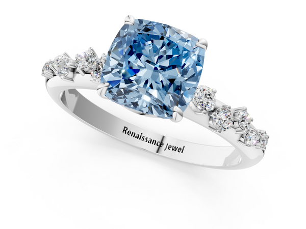 Platinum Fancy Blue Cushion  Diamond Cluster Prong-Set Solitaire Ring