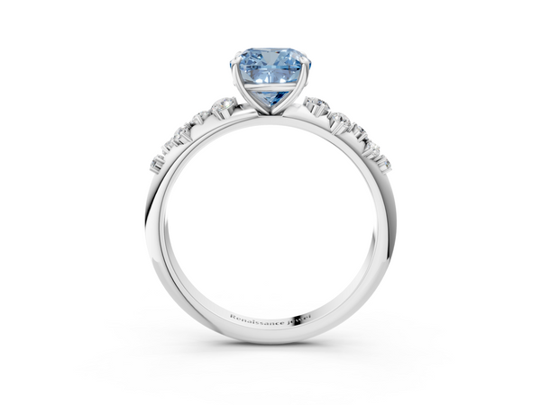 Platinum Fancy Blue Cushion  Diamond Cluster Prong-Set Solitaire Ring