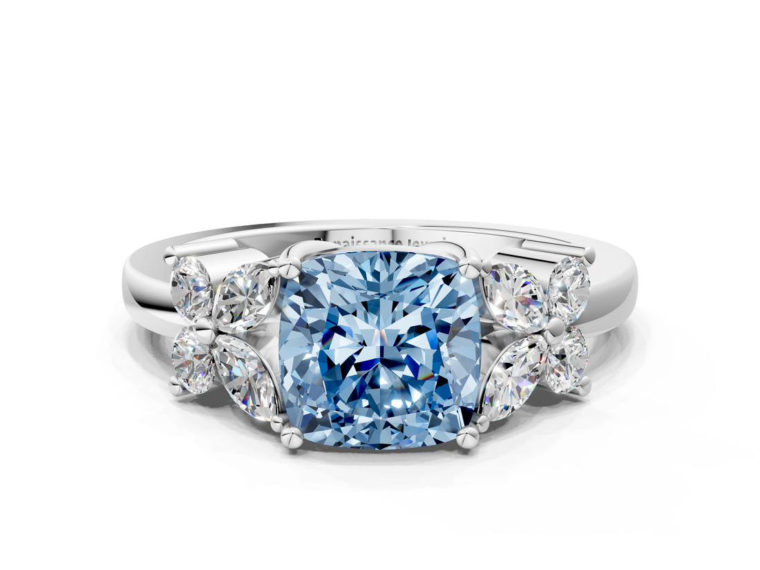 White gold Fancy Blue Cushion  Diamond Floral Cluster Ring with Solitaire Band and Prong Setting_80