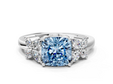 White gold Fancy Blue Cushion  Diamond Floral Cluster Ring with Solitaire Band and Prong Setting_81