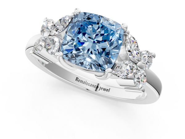 White gold Fancy Blue Cushion  Diamond Floral Cluster Ring with Solitaire Band and Prong Setting