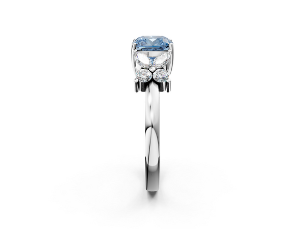 White gold Fancy Blue Cushion  Diamond Floral Cluster Ring with Solitaire Band and Prong Setting