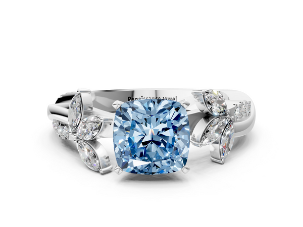 Platinum Fancy Blue Cushion  Diamond Floral Vine Solitaire Engagement Ring