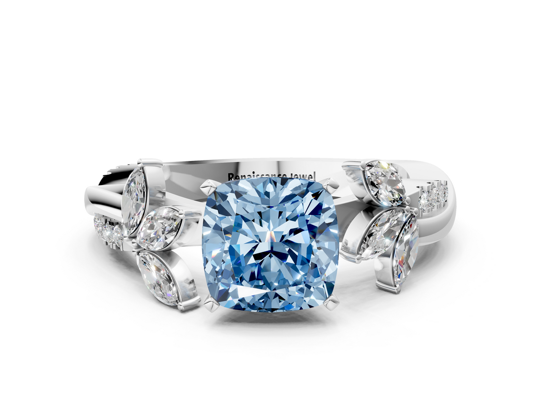 White gold Fancy Blue Cushion  Diamond Floral Vine Solitaire Engagement Ring_3