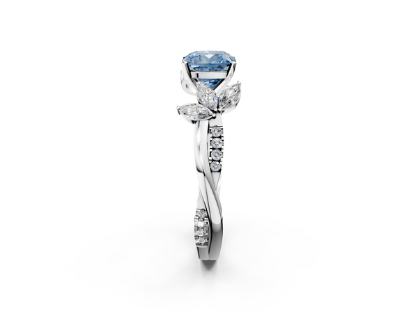 Platinum Fancy Blue Cushion  Diamond Floral Vine Solitaire Engagement Ring