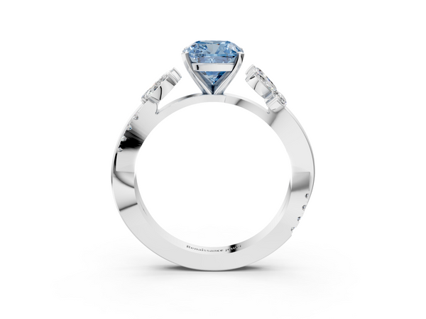 Platinum Fancy Blue Cushion  Diamond Floral Vine Solitaire Engagement Ring