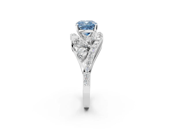 White gold Fancy Blue Cushion  Diamond Halo Ring with Marquise and Pavé Band in Prong Setting