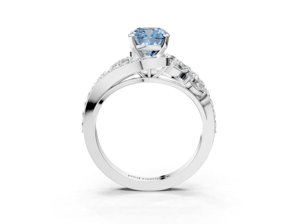 White gold Fancy Blue Cushion  Diamond Halo Ring with Marquise and Pavé Band in Prong Setting
