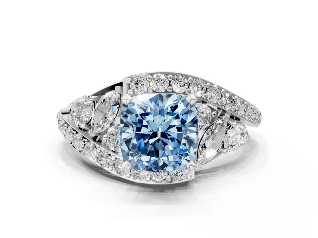 White gold Fancy Blue Cushion  Diamond Halo Ring with Marquise and Pavé Band in Prong Setting_71