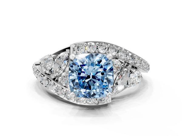 White gold Fancy Blue Cushion  Diamond Halo Ring with Marquise and Pavé Band in Prong Setting
