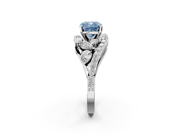 White gold Fancy Blue Cushion  Diamond Halo Ring with Marquise and Pavé Band in Prong Setting