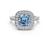 White gold Fancy Blue Cushion  Diamond Halo Ring with Milgrain Frame and Pavé Band_71