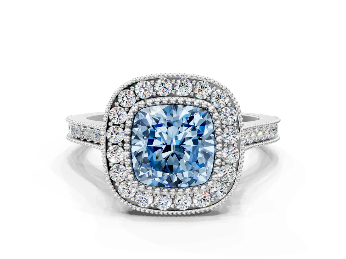 White gold Fancy Blue Cushion  Diamond Halo Ring with Milgrain Frame and Pavé Band_72