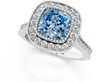 White gold Fancy Blue Cushion  Diamond Halo Ring with Milgrain Frame and Pavé Band_73