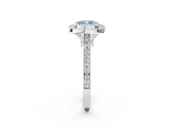 Platinum Fancy Blue Cushion  Diamond Halo Ring with Milgrain Frame and Pavé Band